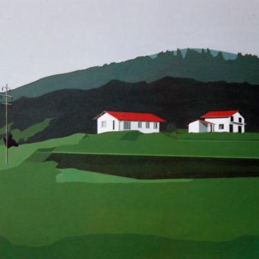 Maisons dans paysage, 1974, acryl sur toile, 80x100cm