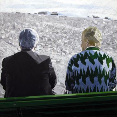 Deux hommes sur un banc ”, 1992, acryl sur toile, 100x100 cm